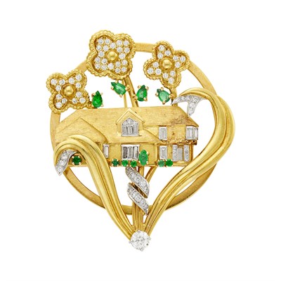 Lot 45 - Gold, Platinum, Diamond and Emerald Brooch