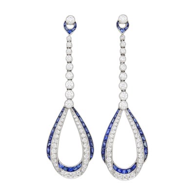 Lot 84 - Pair of Platinum, Diamond and Sapphire Pendant-Earrings