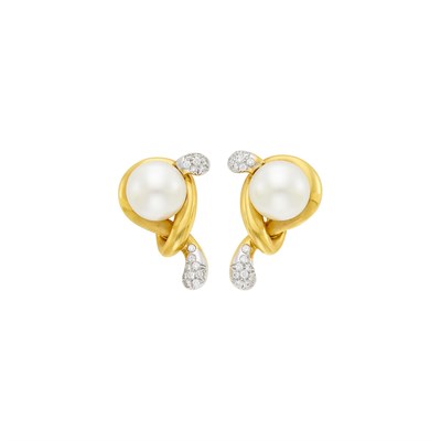 Lot 111 - Angela Cummings for Assael Pair of Two-Color Gold, Cultured Pearl and Diamond Earclips