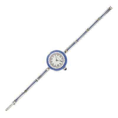 Lot 75 - Tiffany & Co. Belle Époque Platinum, Gold, Blue Guilloché and White Enamel and Diamond Wristwatch