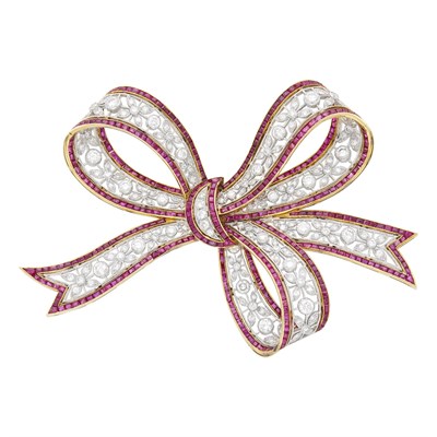 Lot 87 - Gold, Platinum, Diamond and Ruby Bow Pendant-Brooch