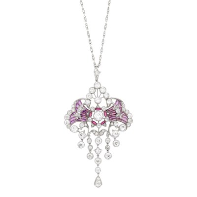 Lot 85 - Belle Époque Platinum, Diamond and Pink and Purple Plique-à-Jour Enamel Pendant with Platinum and Diamond Chain Necklace