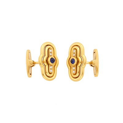 Lot 2050 - Pair of Gold, Cabochon Sapphire and Diamond Cufflinks