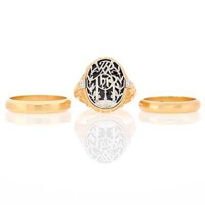Lot 2084 - Two Gold Band Rings and Two-Color Gold, Black Onyx and Diamond Ring