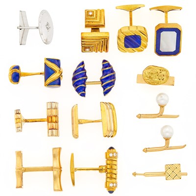 Lot 2240 - Group of Tricolor Gold, Hardstone, Blue Enamel, Cabochon Sapphire and Diamond Single Cufflinks and Studs
