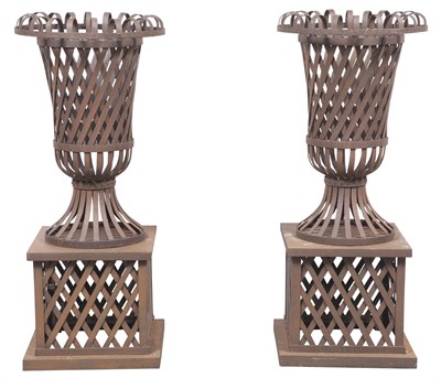 Lot 335 - Pair of Metal Urns on a Square Base Height 48...