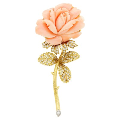 Lot 52 - Gold, Platinum, Carved Angel Skin Coral and Diamond Flower Clip-Brooch
