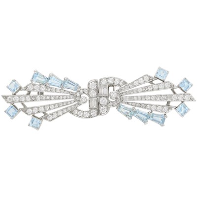 Lot 81 - Platinum, Aquamarine and Diamond Double Clip-Brooch