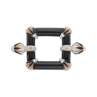 Lot 87 - White Gold, Black Onyx, Angel Skin Coral and Diamond Brooch