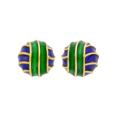 Lot 123 - Tiffany & Co. Pair of Blue and Green Enamel Dome Earclips