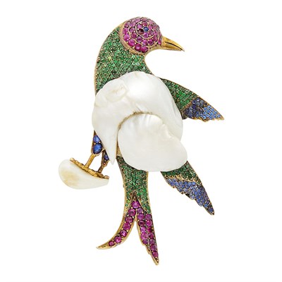 Lot 26 - Cartier Gold, Freshwater Baroque Pearl and Gem-Set Bird Pendant-Brooch