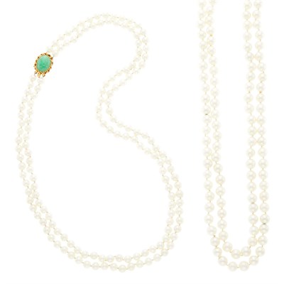 Lot 2295 - Double Strand Cultured Pearl Necklace with Gold and Jade Clasp and Long Cultured Pearl Necklace