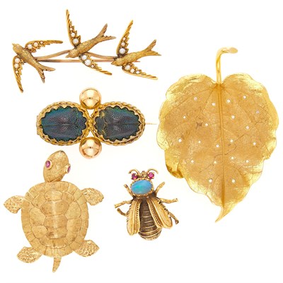 Lot 2270 - Five Gold, Low Karat Gold, Scarab, Diamond and Gem-Set Pins