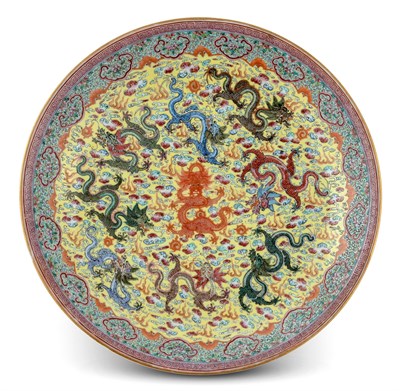 Lot 100 - A Chinese Enameled Porcelain '9 Dragon' Dish