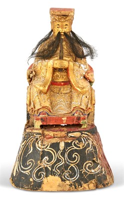 Lot 187 - Chinese Polychrome Decorated, Parcel-Gilt and Lacquered Wood Figure of a Daoist Deity
