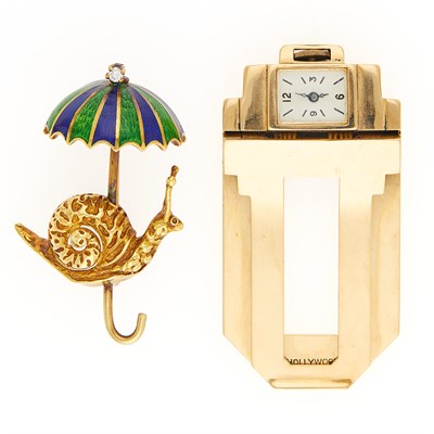 Lot 2129 - Gold Money Clip-Watch and Gold, Enamel and Diamond Snail Pin