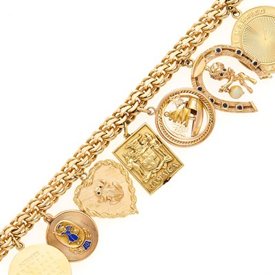 Lot 2130 - Gold, Sapphire and Cultured Pearl Charm Bracelet