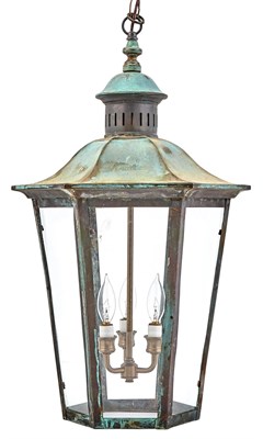 Lot 196 - Patinated Copper Hanging Three-Light Lantern...
