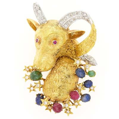 Lot 2059 - Two-Color Gold, Diamond, Carved and Cabochon Gem-Set Aries Brooch