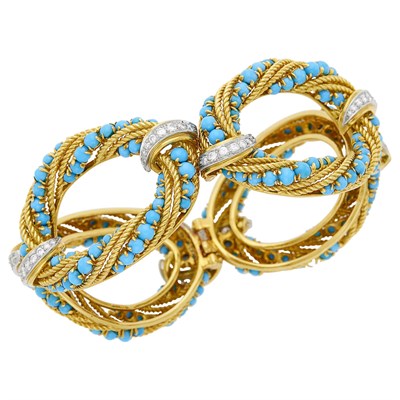Lot 49 - Van Cleef & Arpels Gold, Platinum, Turquoise and Diamond Link Bracelet, France