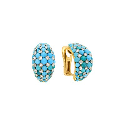 Lot 50 - Van Cleef & Arpels Pair of Two-Color Gold, Turquoise and Diamond Bombé Earclips