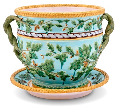 Lot 327 - English Majolica Turquoise-Ground Oak Leaf and...