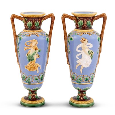 Lot 302 - Pair of Minton & Co. Majolica Allegorical Blue-...
