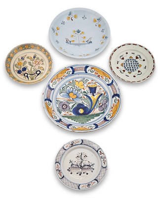 Lot 193 - Five Polychrome-Decorated Delftware Plates and Chargers