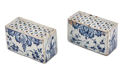 Lot 195 - Pair of Blue and White Delftware Flower Bricks
