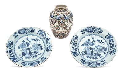 Lot 201 - Pair of Blue and White Delftware Plates and a Polychrome-Decorated Jar