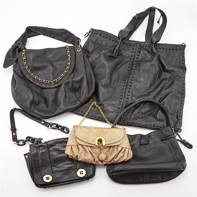 Lot 2359 - Group of Black Leather Handbags and Gold Fabric Clutch