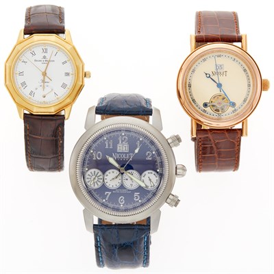 Lot 2353 - Baume & Mercier Gold 'Rivera' Wristwatch and Nicolet Two Stainless Steel and Metal Wristwatches