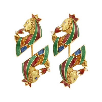 Lot 19 - Cartier Pair of Gold, Multicolored Enamel and Diamond 'Queen' Jabots, France