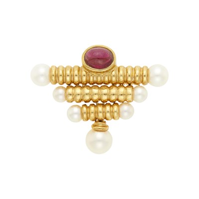 Lot 1032 - Gold, Cabochon Pink Tourmaline and Cultured Pearl Pin