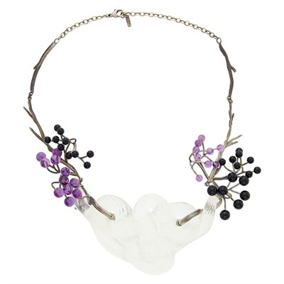 Lot 1131 - Lalique Silver, Opaline, Purple and Black Glass Serpent and Cherry Blossom Necklace