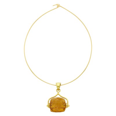 Lot 5 - Gold Torque Necklace with Elizabeth Locke Hammered Gold and Carved Citrine Fob Pendant