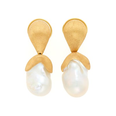 Lot 1037 - Pair of Gold and Baroque Cultured Pearl Pendant-Earrings