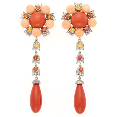 Lot 1043 - Pair of White Gold, Coral, Angel Skin Coral, Citrine, Orange Sapphire and Diamond Pendant-Earrings