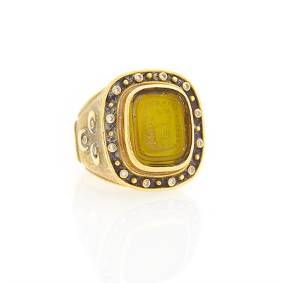 Lot 1008 - Gold, Yellow Glass Intaglio and Diamond Ring