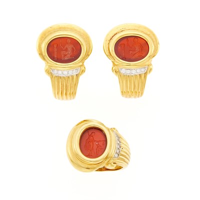 Lot 2024 - Gold, Carnelian Intaglio and Diamond Ring and Pair of Earclips