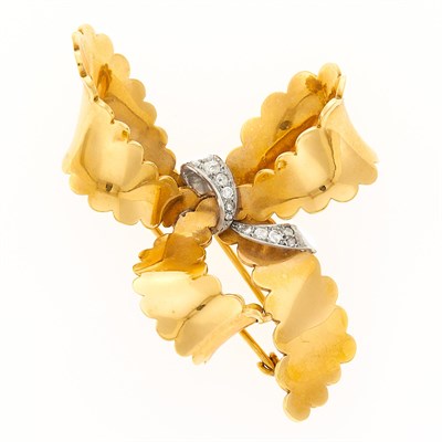 Lot 2131 - Gold, Platinum and Diamond Bow Clip-Brooch, France