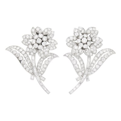 Lot 123 - Garrard Pair of Platinum and Diamond Flower Clip-Brooches