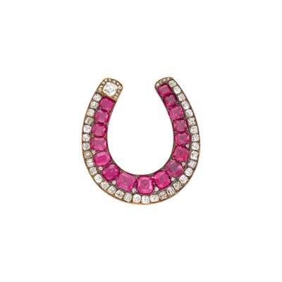 Lot 92 - Antique Gold, Silver, Ruby and Diamond Horseshoe Brooch