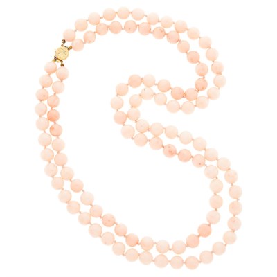 Lot 2317 - Long Double Strand Angel Skin Coral Bead Necklace with Gold Clasp
