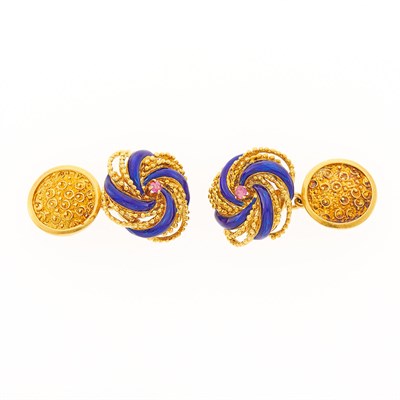 Lot 2054 - Pair of Gold, Blue Enamel and Ruby Cufflinks