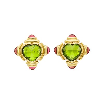 Lot 25 - Bulgari Pair of Gold, Peridot and Cabochon Rubellite Earclips