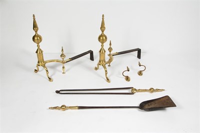 Lot 231 - Pair of Brass and Iron Steeple Top Andirons J....