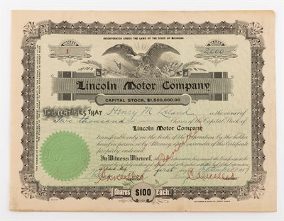 Lot 1123 - Stock Certificates of Lincoln Motor Company 1917