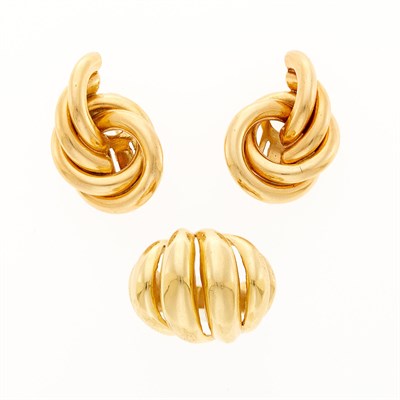 Lot 2028 - Pair of Gold Earrings and Bombé Ring