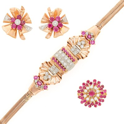 Lot 2138 - Two-Color Gold, Ruby and Diamond Bracelet and Pair of Earrings and Gold, Ruby and Diamond Ring